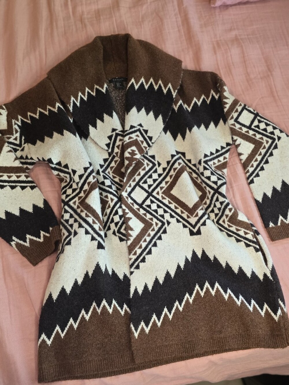 Tahari Brown Cream Black Aztec Knit Open Cardigan